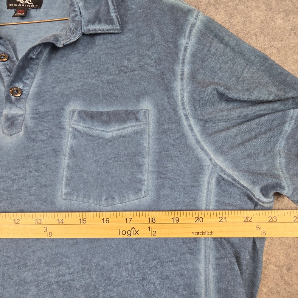 Rock & Republic Mens XXL Blue Acid Wash Cotton Short Sleeve Polo Shirt Pocket - Picture 4 of 7